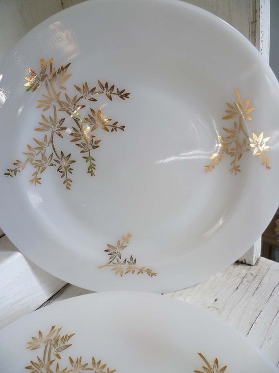 Items similar to Vintage Glass Fire King Plates Gold Leaves
