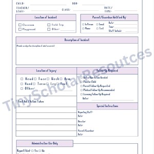 Può includere: Un modulo bianco per il rapporto su incidenti e lesioni infantili con testo nero e intestazioni viola chiaro. Il documento include campi per i dettagli del bambino, il luogo dell'incidente, la notifica ai genitori e le azioni di follow-up.