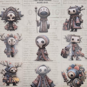 May include: A collection of whimsical, illustrated stickers featuring stylized figures with unique designs. The figures are in various poses, some holding objects like a staff or violin. The color palette includes muted tones of gray, red, and blue. The text "CRAFTINGWITHAMBER BIZARRE HEADS" is visible.