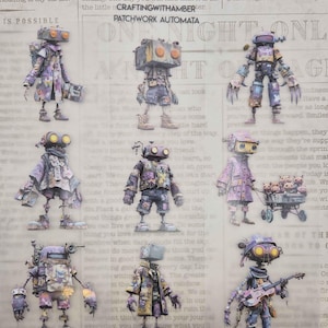 May include: A collection of nine Patchwork Automata robot figures, each with unique designs and outfits. The robots are in various poses, some holding objects. The background is a newspaper print.