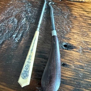 Lot of 2 Antique or Vintage Button Hooks - Shoe Lace Accessories - Wood handle