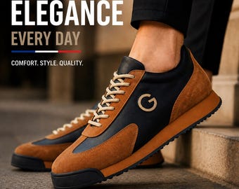 Men's Black Sneakers - Premium Leather & Suede Casual Running Shoes - Comfortable Everyday Shoes, Modern Timeless Design, Gift for Him