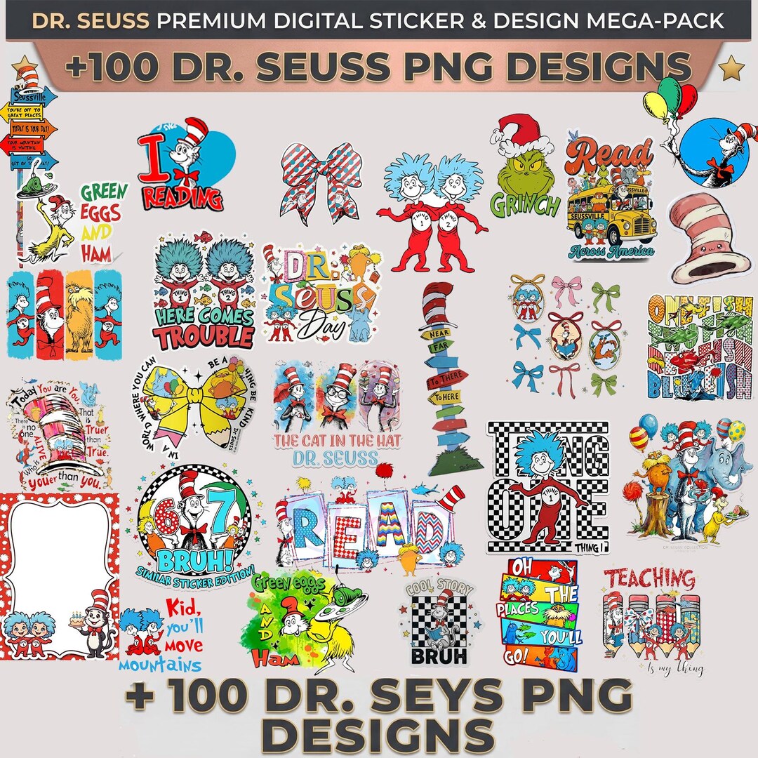 Dr. Seuss Reading Day PNG Bundle, Teacher Clipart, Read Across America ...