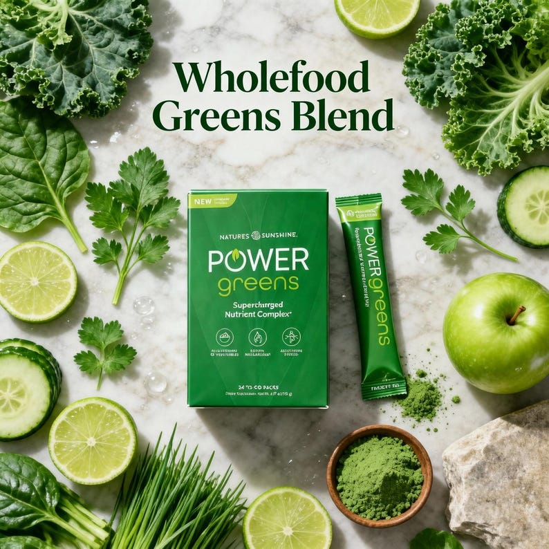 A vibrant product photo titled "Wholefood Greens Blend" featuring a box of Power Greens and a single-serve stick packet. Surrounded by fresh kale, spinach, cucumbers, green apples, and limes, highlighting its natural and nutrient-dense formula.