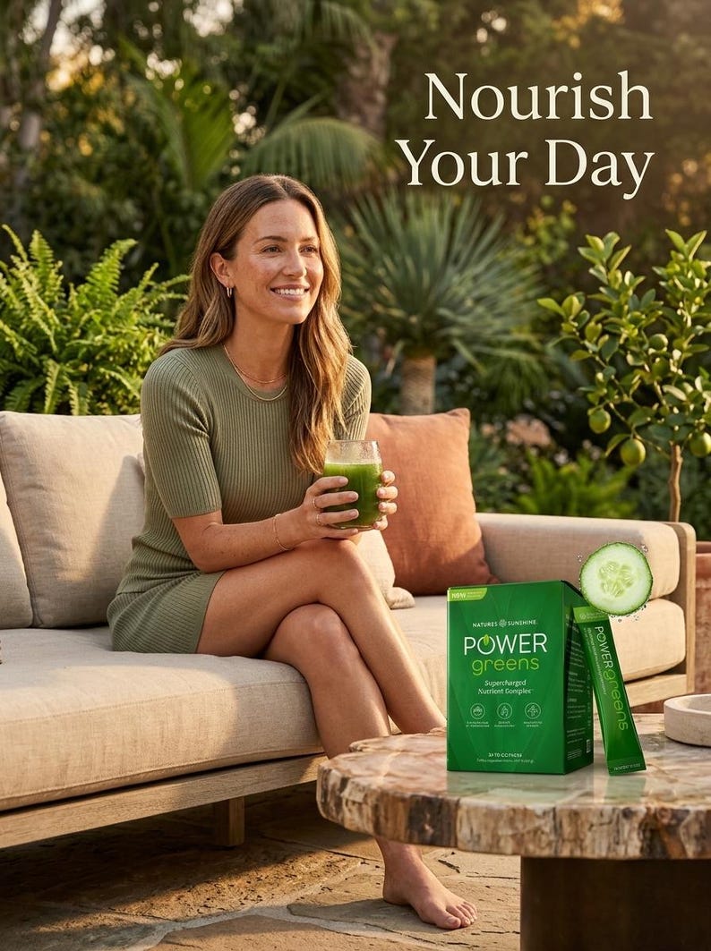 A beautiful outdoor lifestyle photo titled "Nourish Your Day." A smiling woman is sitting on a sofa in a sunlit garden, holding a glass of green juice. A box of Power Greens is on a wooden table next to a fresh cucumber slice, highlighting a natural and healthy daily routine.