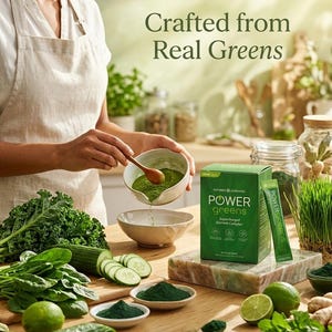 A high-quality lifestyle photo titled "Crafted from Real Greens." A person in an apron is preparing green powder in a bowl. On the wooden table, there is a Power Greens box surrounded by fresh kale, spinach, cucumbers, limes, and wheatgrass, highlighting its whole-food ingredients.