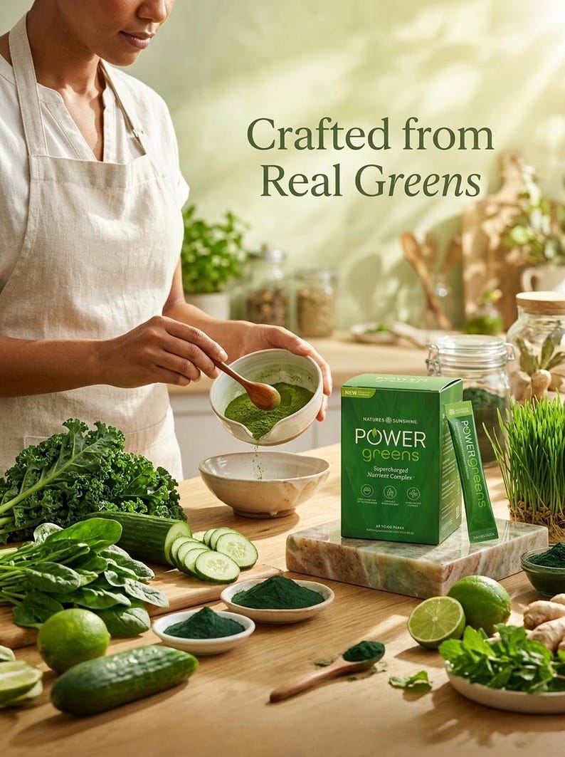 A high-quality lifestyle photo titled "Crafted from Real Greens." A person in an apron is preparing green powder in a bowl. On the wooden table, there is a Power Greens box surrounded by fresh kale, spinach, cucumbers, limes, and wheatgrass, highlighting its whole-food ingredients.