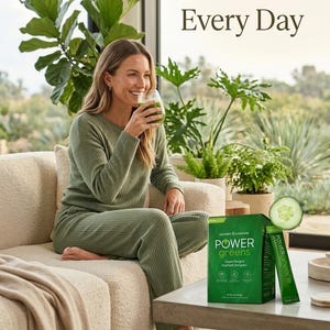 A cozy lifestyle photo titled "Feel Good Every Day." A smiling woman is sitting on a sofa in a bright living room, enjoying a glass of green juice. A box of Power Greens is on the coffee table next to a fresh cucumber slice, representing a healthy daily wellness routine.