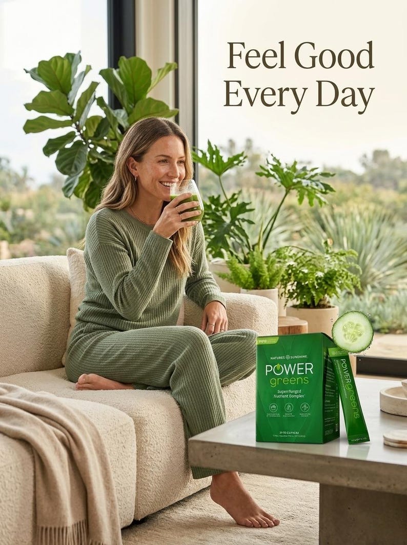 A cozy lifestyle photo titled "Feel Good Every Day." A smiling woman is sitting on a sofa in a bright living room, enjoying a glass of green juice. A box of Power Greens is on the coffee table next to a fresh cucumber slice, representing a healthy daily wellness routine.