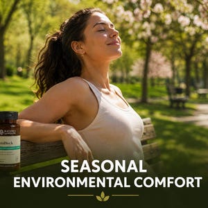 May include: A woman sits on a park bench with her eyes closed, enjoying the sunlight. A brown bottle of HistaBlock supplements is on the bench. The text "SEASONAL ENVIRONMENTAL COMFORT" is displayed in white.