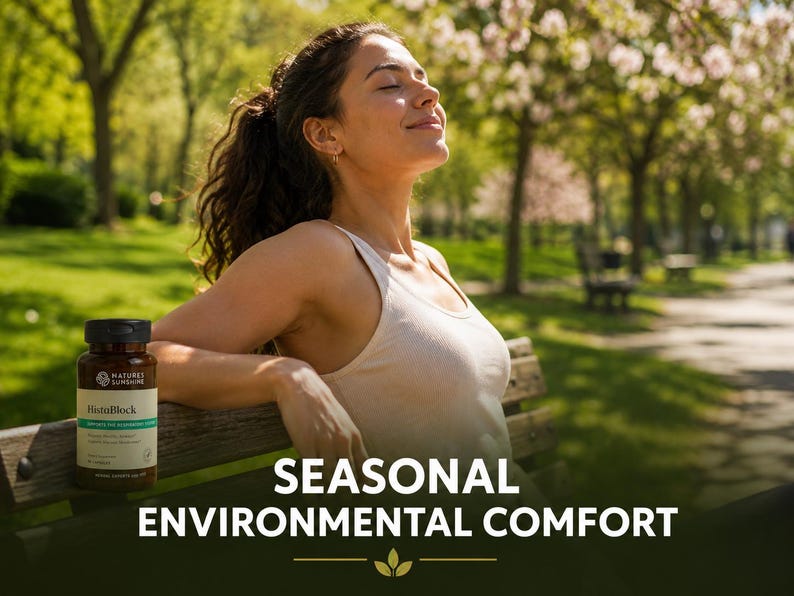 May include: A woman sits on a park bench with her eyes closed, enjoying the sunlight. A brown bottle of HistaBlock supplements is on the bench. The text "SEASONAL ENVIRONMENTAL COMFORT" is displayed in white.