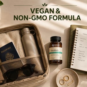 May include: A beige suitcase is open, revealing a passport, sunglasses, a water bottle, and a sweater. A bottle of supplements, a notebook with a travel plan, and a small dish with jewelry are also present. The text "VEGAN & NON-GMO FORMULA" is at the top.