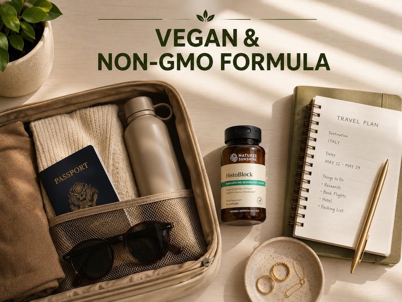 May include: A beige suitcase is open, revealing a passport, sunglasses, a water bottle, and a sweater. A bottle of supplements, a notebook with a travel plan, and a small dish with jewelry are also present. The text "VEGAN & NON-GMO FORMULA" is at the top.