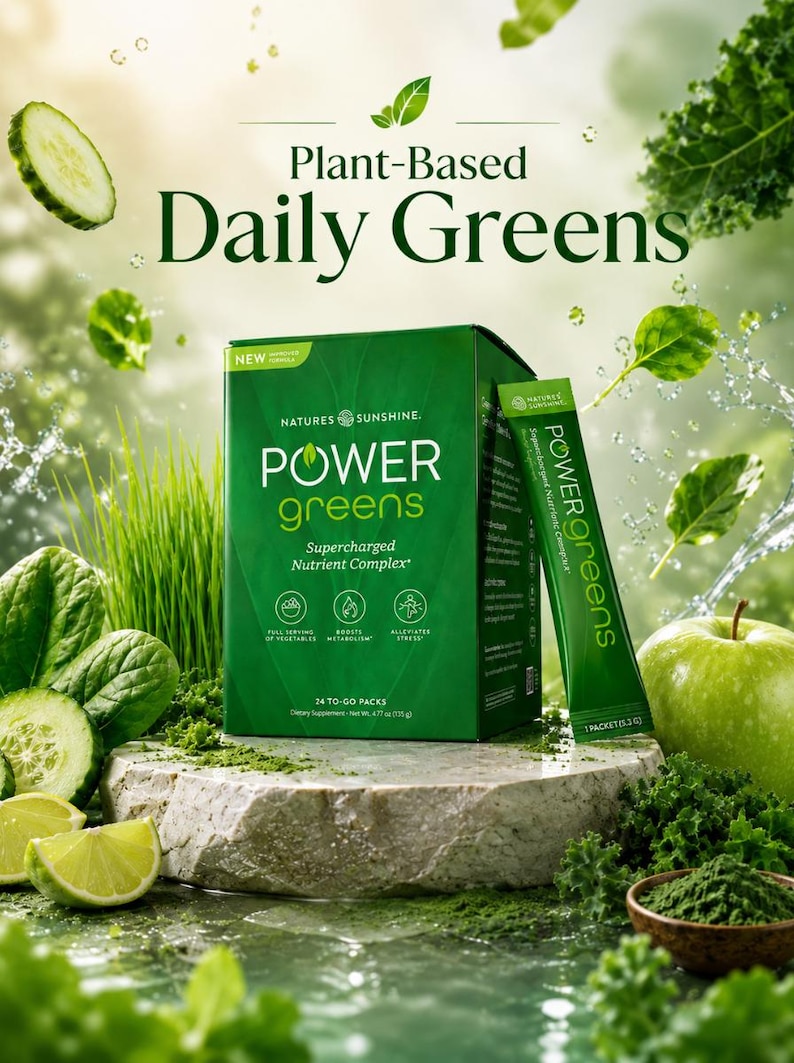 A vibrant product graphic titled "Plant-Based Daily Greens" featuring a box of Power Greens on a stone base. Surrounded by fresh kale, spinach, cucumbers, green apples, and limes, highlighting its nutrient-dense and supercharged formula.