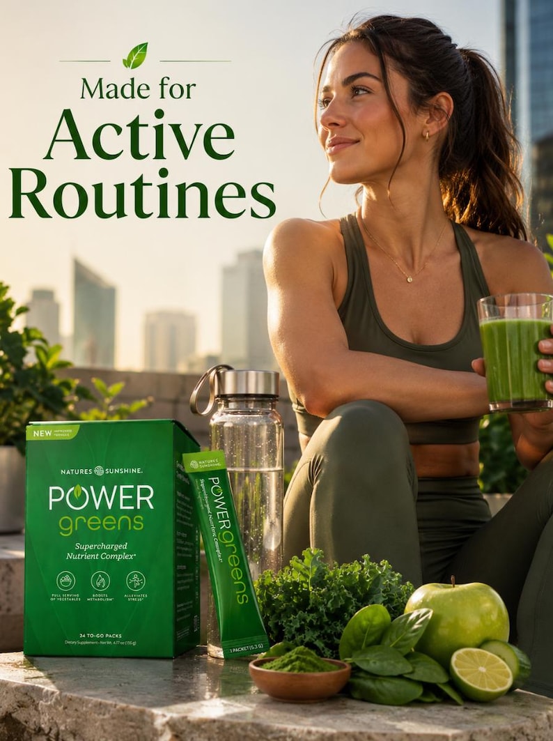 A high-energy lifestyle photo titled "Made for Active Routines." A woman in athletic wear is resting outdoors with a glass of green juice and a water bottle. A box of Power Greens is on a stone table with fresh kale, spinach, apples, and lime.