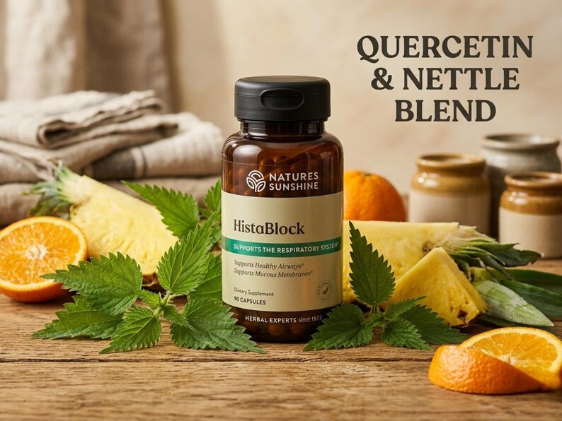 May include: A brown bottle of "HistaBlock" supplements with a black cap, surrounded by fresh pineapple, orange slices, and green leaves. The label reads "Quercetin & Nettle Blend" and "Supports the Respiratory System".
