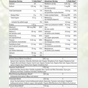 A detailed Supplement Facts label for Power Greens. Serving size is 1 packet (7.3g). Each serving provides 20 calories, 1.25g protein, and includes a Nutrient Dense Whole Food Blend, Digestive Health Blend, and Mood Enhancing Adaptogen Blend.