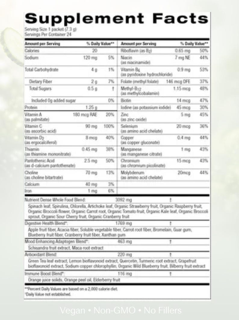 A detailed Supplement Facts label for Power Greens. Serving size is 1 packet (7.3g). Each serving provides 20 calories, 1.25g protein, and includes a Nutrient Dense Whole Food Blend, Digestive Health Blend, and Mood Enhancing Adaptogen Blend.