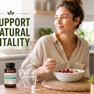 May include: A woman eating a bowl of oatmeal with berries, a glass of water, and a bottle of HistoBlock supplements on a wooden table. The text "SUPPORT NATURAL VITALITY" is displayed above. The scene is set in a bright kitchen.