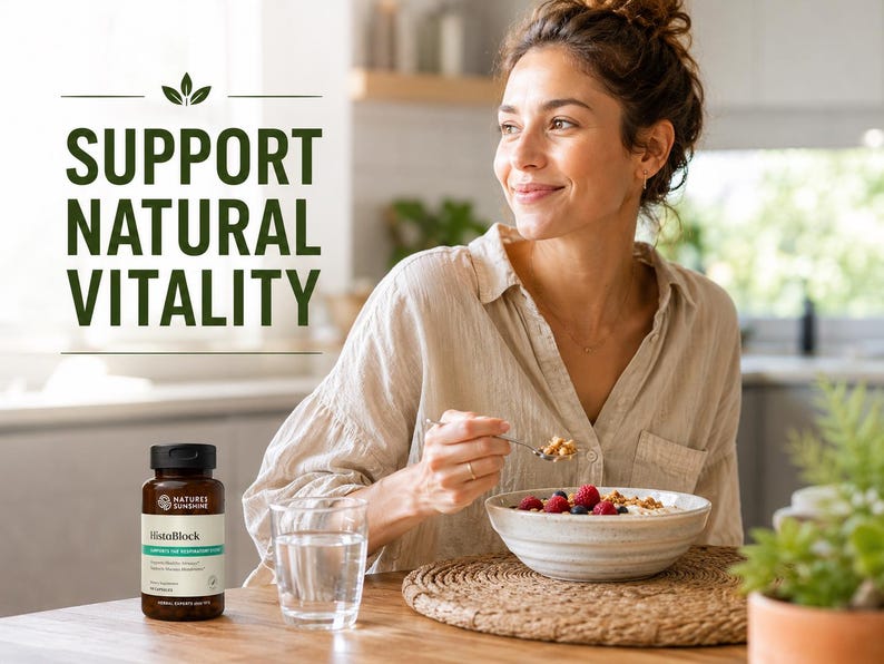 May include: A woman eating a bowl of oatmeal with berries, a glass of water, and a bottle of HistoBlock supplements on a wooden table. The text "SUPPORT NATURAL VITALITY" is displayed above. The scene is set in a bright kitchen.