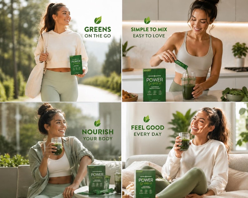 A 4-panel lifestyle collage of Power Greens. 1. "Greens on the Go" showing a woman with the box outdoors. 2. "Simple to Mix" showing a woman mixing a packet in a kitchen. 3. "Nourish Your Body" and 4. "Feel Good Every Day" showing women enjoying the green drink at home.