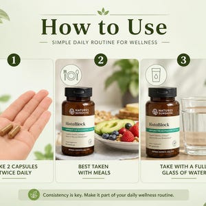 May include: An instructional graphic with the title "How to Use" shows a daily wellness routine. It features a hand holding two capsules, a bottle of HistaBlock, and a glass of water. The text advises taking two capsules twice daily, with meals, and with a full glass of water.