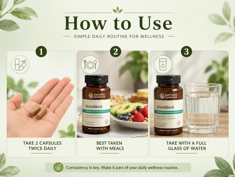 May include: An instructional graphic with the title "How to Use" shows a daily wellness routine. It features a hand holding two capsules, a bottle of HistaBlock, and a glass of water. The text advises taking two capsules twice daily, with meals, and with a full glass of water.