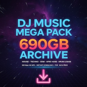 Könnte beinhalten: Eine digitale Grafik, die ein DJ-Musik-Mega-Pack bewirbt. Der Text lautet "DJ MUSIC MEGA PACK 690GB ARCHIVE" in Blau und Orange. Enthält Genres wie House, Techno und EDM. Ein rosa Download-Pfeil befindet sich unten.