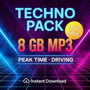 Puede incluir: Anuncio digital de un Techno Pack con una descarga de MP3 de 8 GB. El diseño tiene una estética retro con un patrón de cuadrícula y líneas de color azul y rosa neón. El texto incluye "-75% SALE" y "Descarga instantánea."