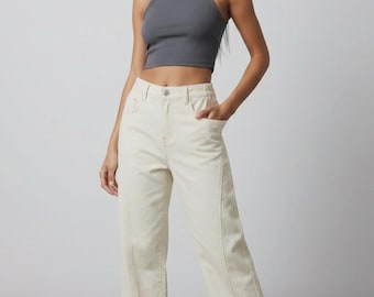 White Wide Leg Flare Pants | Women's Vintage High Waist Trousers | Minimalist Casual Streetwear