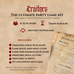 May include: A Traitors party game kit with a parchment-style background. Text includes The Ultimate Party Game Kit, 6-23 players, 75min-6 hours, instant download, and a list of included items like timelines, rules, scripts, and 12 challenges.