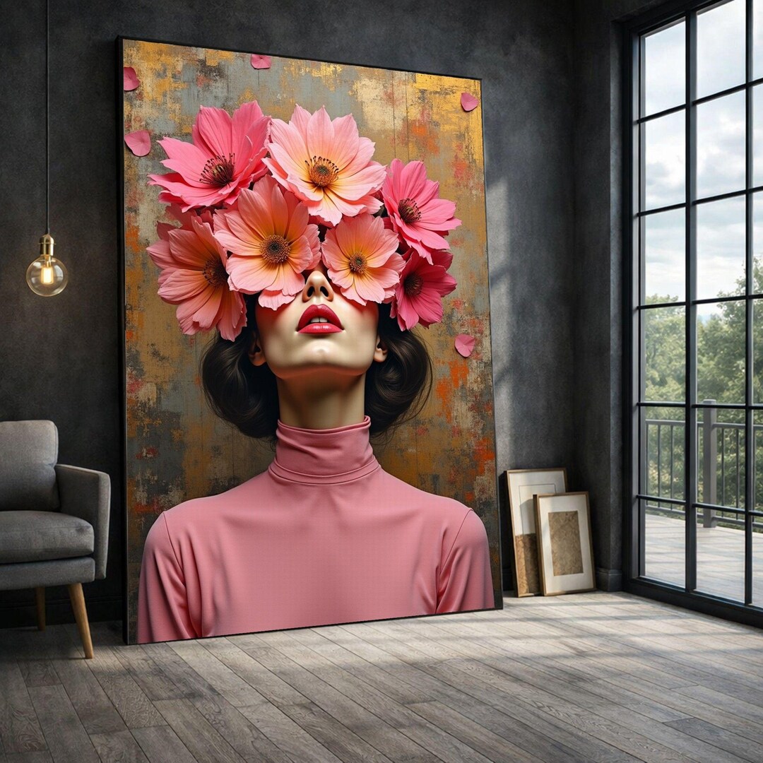 Floral Woman Portrait Framed Wall Art, Pink Flower Canvas Print, Living ...