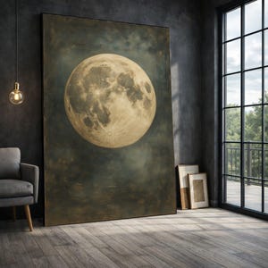 May include: Large, framed artwork featuring a detailed depiction of the moon against a dark, moody background. The artwork is displayed in a room with a modern aesthetic, with a large window and a gray armchair.