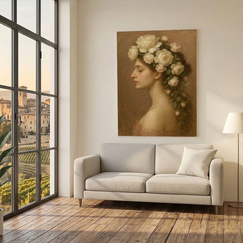 Vintage Woman Portrait Framed Wall Art, Floral Headpiece Canvas Print ...