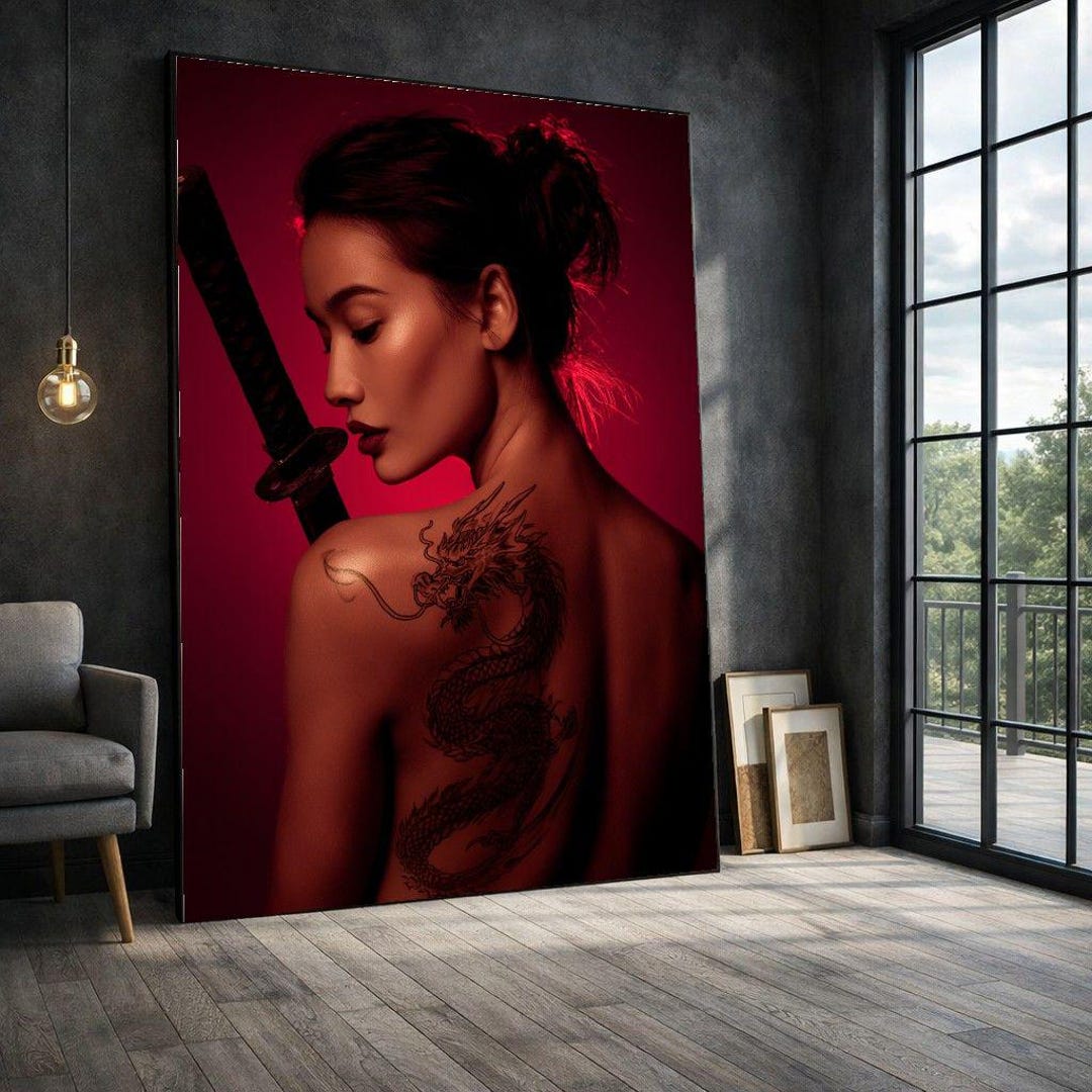 Japanese Samurai Woman Framed Wall Art, Red Dragon Tattoo Canvas Print ...