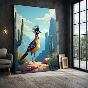 May include: A large canvas print featuring a roadrunner bird in a desert landscape. The bird has black, orange, and white feathers, standing on a rock with cacti and mountains in the background. The sky is blue with white clouds.