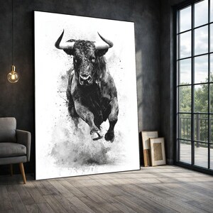 Bull Charging Framed Wall Art, Black White Dynamic Canvas Print, Living Room Decor