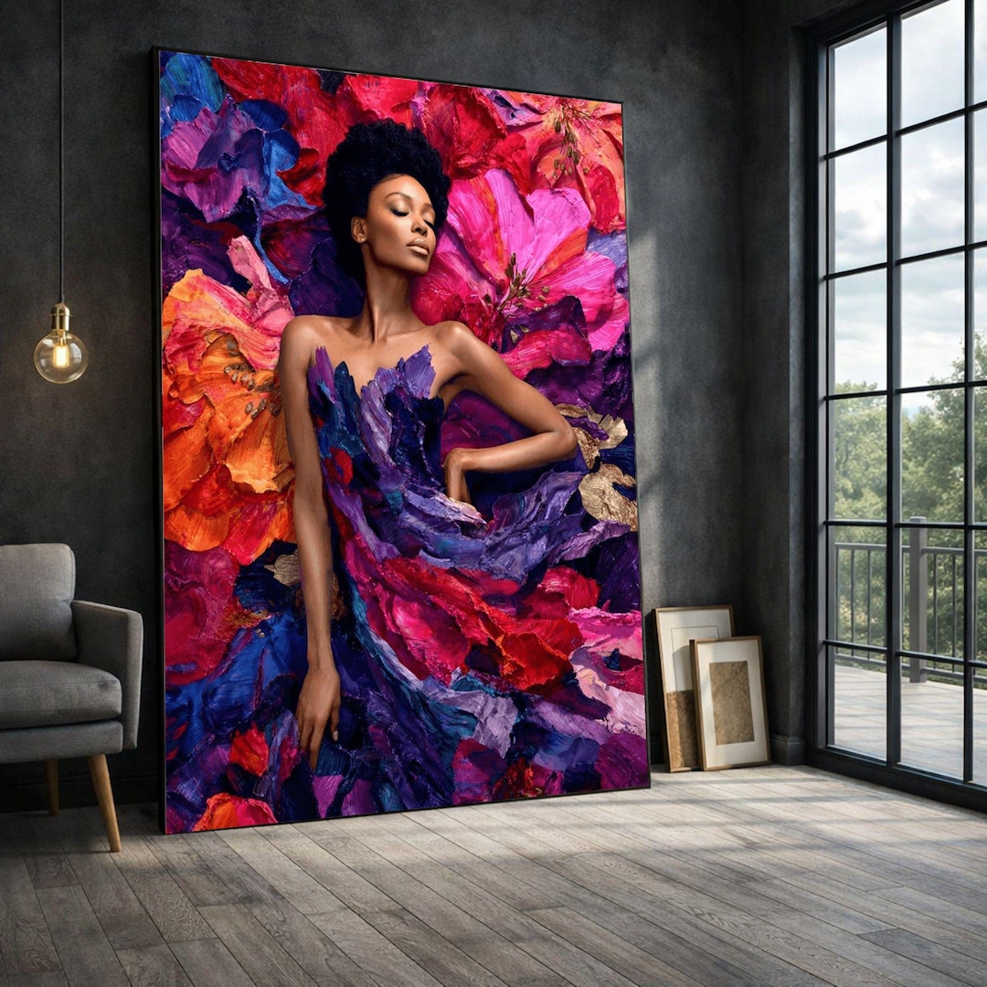 Vibrant Woman Portrait Framed Wall Art, Bold Floral Canvas Print ...