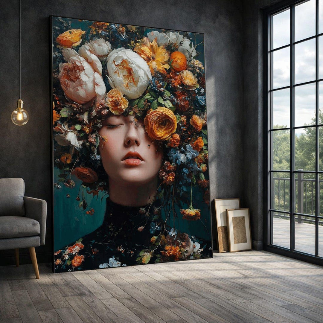 Floral Woman Portrait Framed Wall Art, Vibrant Botanical Canvas Print ...
