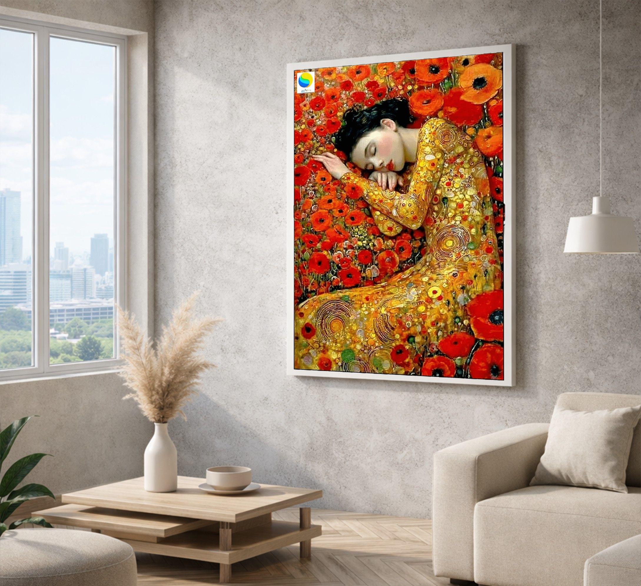 Klimt Inspired Dreaming Woman Framed Wall Art, Floral Red Poppy Canvas ...