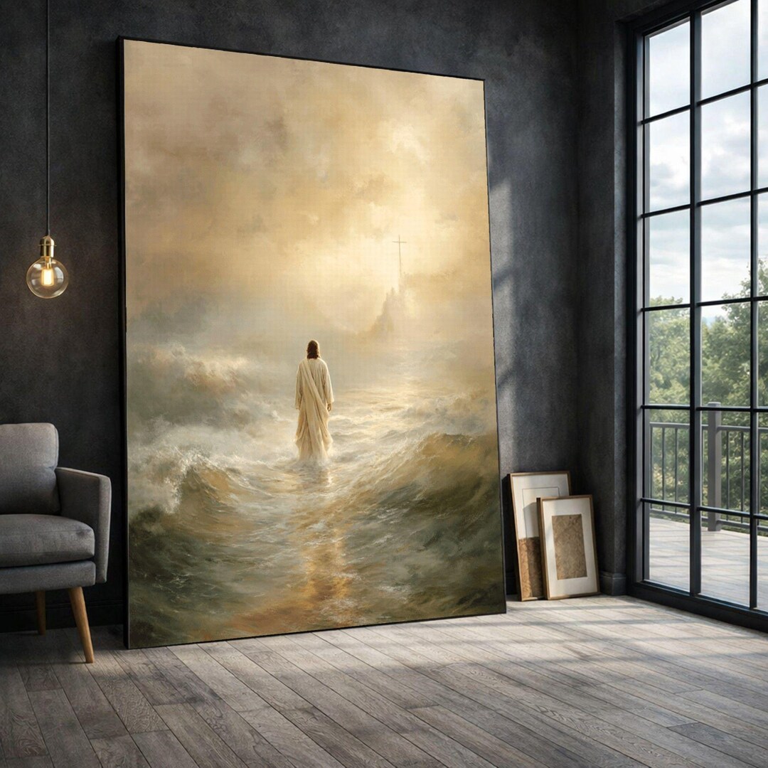 Jesus Walking on Water Framed Wall Art, Spiritual Ocean Scene Canvas ...