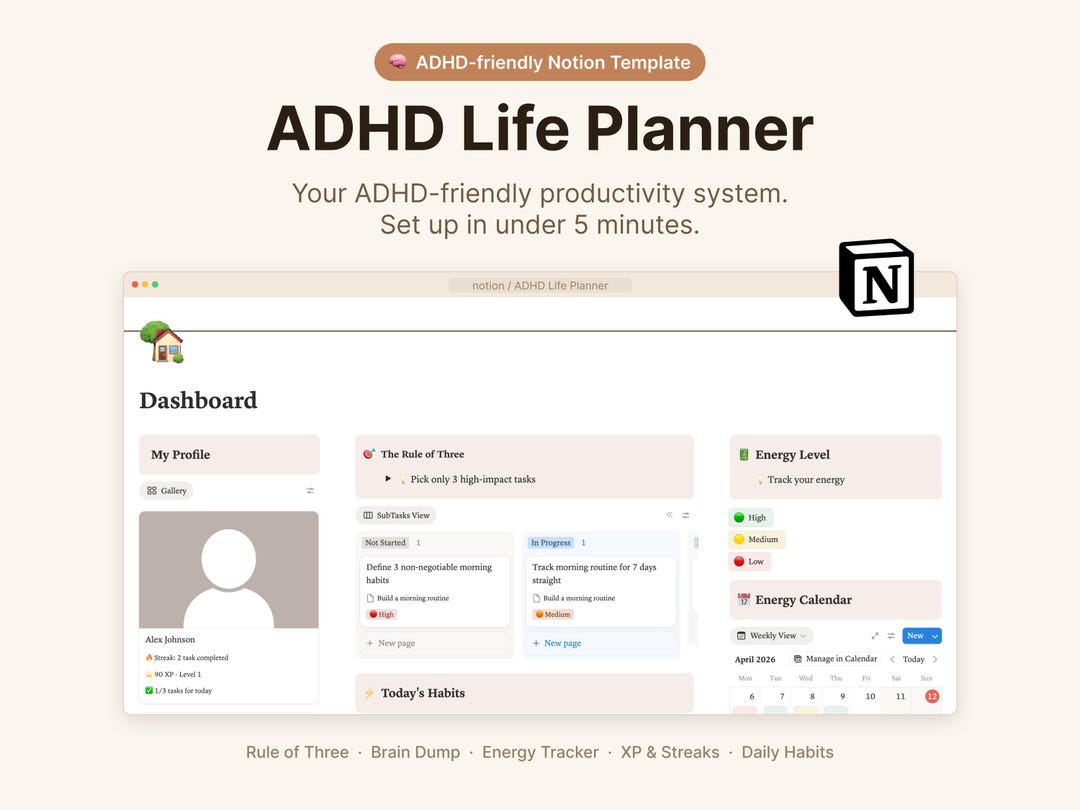 ADHD Notion Template | Life Planner for Focus, Habits & Daily Tasks ...
