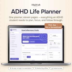 Peut inclure: Un écran d'ordinateur portable affichant l'interface de l'application web DigitLab ADHD Life Planner. Le tableau de bord comprend un gestionnaire de tâches, un suivi d'énergie et un planificateur de routines aux tons violets et blancs.