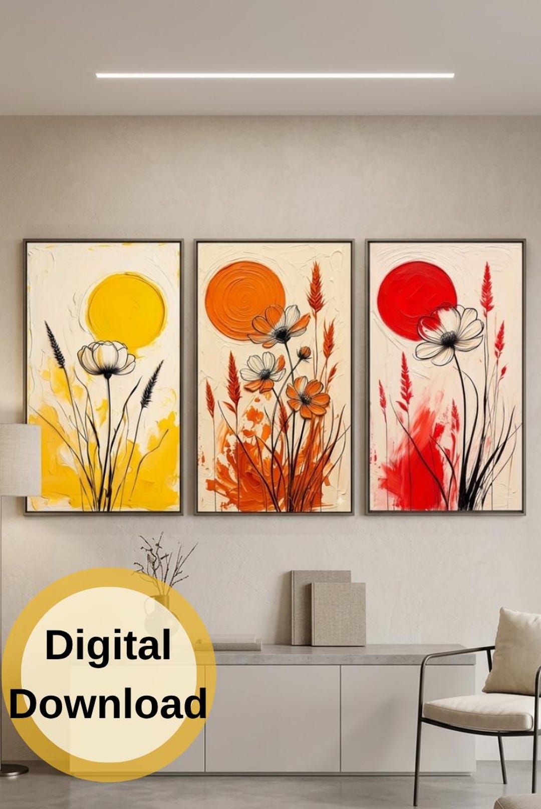 Modern Abstract Flower Wall Art Set of 3 - Yellow Orange Red Floral ...