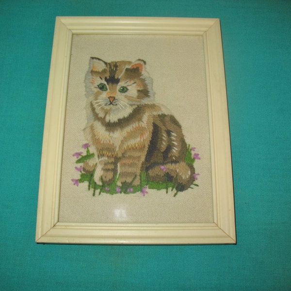 Vintage Hand Embroidered Kitten Cat Picture Among Flowers  Green Eyes