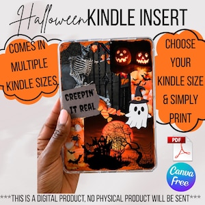 May include: A rectangular Kindle insert featuring a Halloween collage with a skeleton, two glowing jack-o'-lanterns, a ghost wearing a witch hat, a haunted house silhouette against a large orange moon, and the text "CREEPIN' IT REAL" on a grey paper scrap.