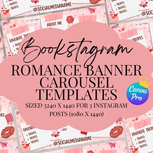 May include: A digital template set for social media featuring a pink background with red lips, hearts, and paper airplanes. The text reads Bookstagram Romance Banner Carousel Templates, Sized 3240 x 1440 for 3 Instagram Posts 1080 x 1440.