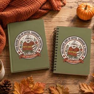 May include: Two olive green notebooks featuring a circular graphic with a stack of books, a coffee mug, and autumn leaves. The text reads: This reader runs on coffee, cardigans & chapters. Est. every September. The design includes a red banner.