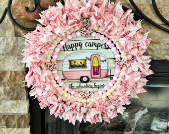 Pink Camper RV Rag Wreath | Handmade Glamping Decor | Cute Camper Door Wreath | RV Camper Gift | Trailer Decor | Summer Camping Wreath