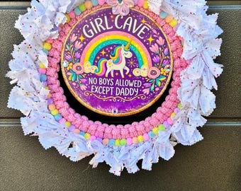 Handmade Wreath for Girl’s Room, Girl Cave Sign, No Boys Allowed Except Daddy, Playroom Decoration, Wall Hanging, Door Decor
